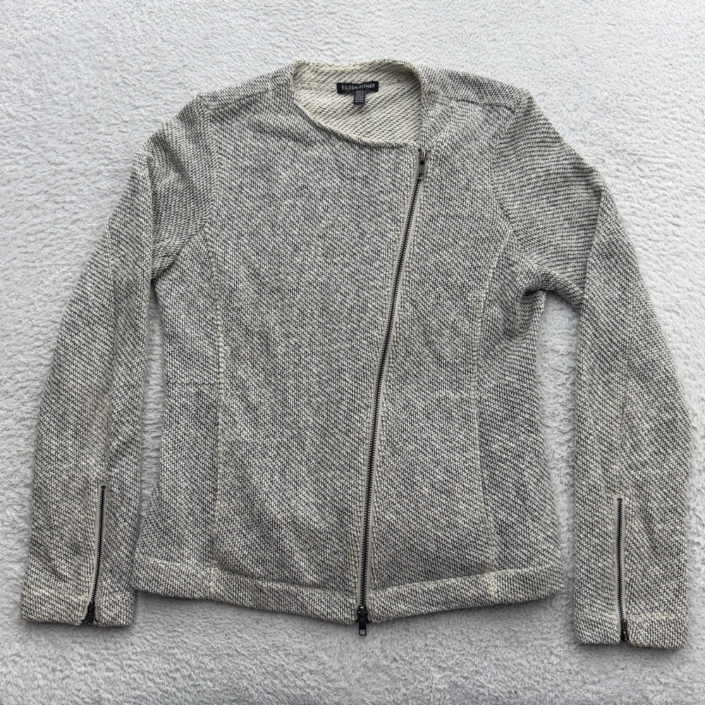 Eileen Fisher Grey Organic Cotton Asymmetrical Zip Moto Jacket XS Textured Knit